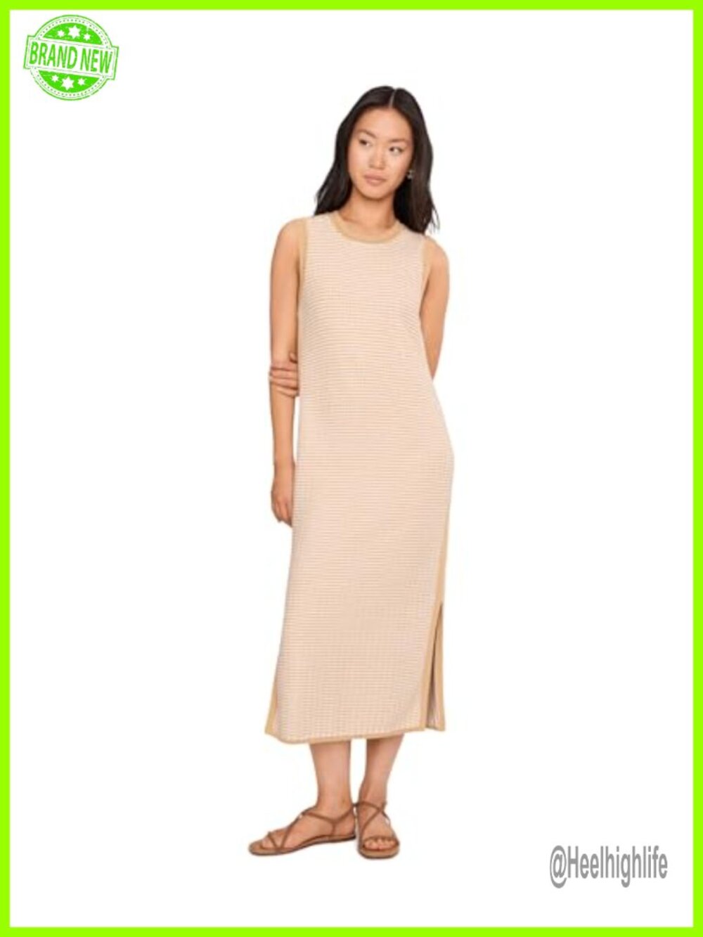 Varley Aoife Knit Dress Sleeveless Textured Midi Crew Neck Casual